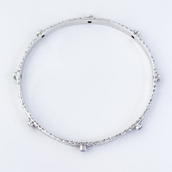 Vintage Sterling Silver 925 Hammered Cubic Zirconia Station Bangle Bracelet 8" - Picture 2 of 7